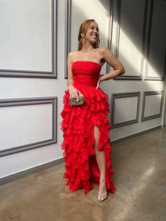 Red Strapless Long Prom Dress with Ruffles,Red Evening Dress Y2367 by simplepromdress