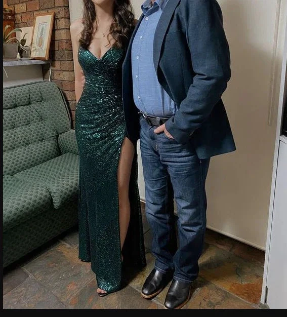 Sparkly Mermaid Spaghetti Straps Dark Green Sequins Long Prom Dresses With Split Formal Evening Gowns Y1460 by simplepromdress