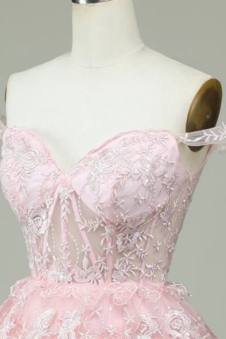 Pink Off The Shoulder Corset Homecoming Dress With Lace Y2471