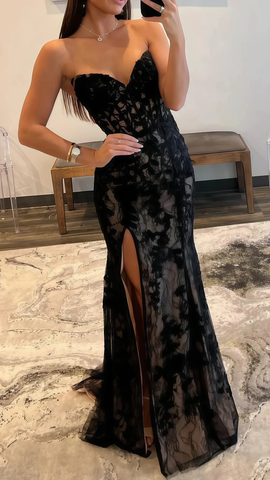 Black Evening Dress Sexy Strapless Sweetheart Lace Slit Mermaid Prom Dress Y8017