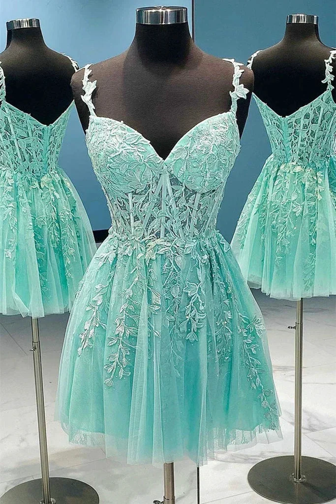 V Neck Mint Green Lace Homecoming Dress Y204 by simplepromdress
