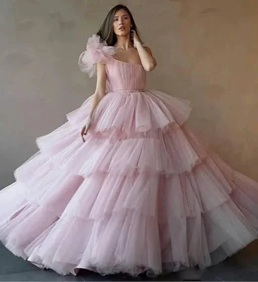 Pink A-line Tiered Tulle Ball Gown,Pink Sweet 16 Dress Y6957 by simplepromdress