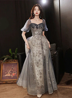 Elegant A-Line Grey Tulle Short Sleeves Long Party Dress, Grey Evening Dress Y1507 by simplepromdress