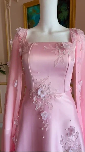 Luxury Pink Satin Long A Line Evening Dress Pretty Appliques Prom Dress Y7591 by simplepromdress