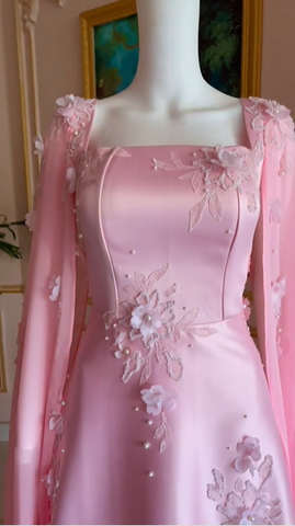 Vestido de noche largo de satén rosa de lujo con corte A y bonitos apliques, vestido de fiesta Y7591