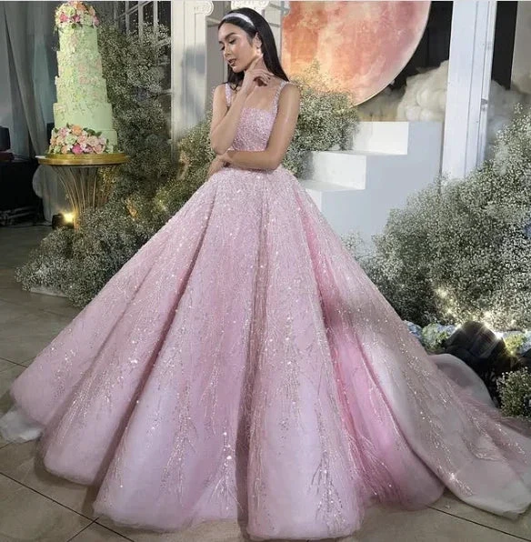 New Arrival Pink Straps Sequin Beaded Long Ball Gown Formal Occasion Gowns Y4918 by simplepromdress