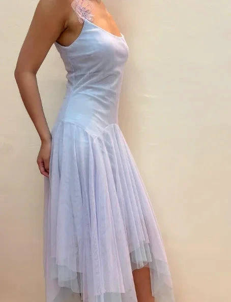 Lilac Tulle A Line Party Dress Straps Homecoming Dress With Flowers Y8143 by simplepromdress