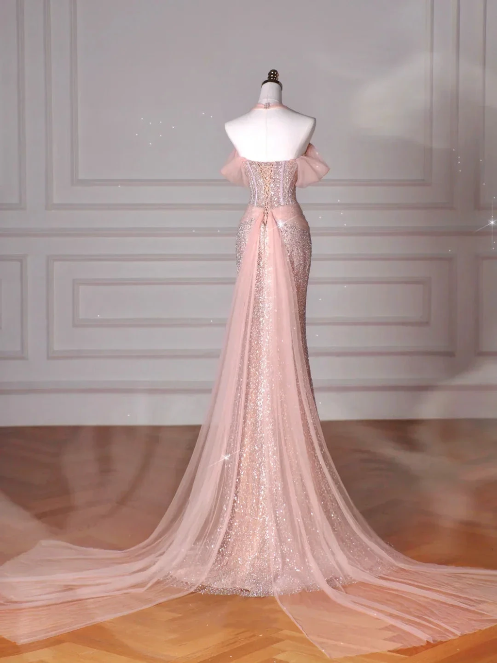 Classy Pink Halter Sequin Beaded Tulle Mermaid Evening Dress Long Prom Dress Y8620 by simplepromdress