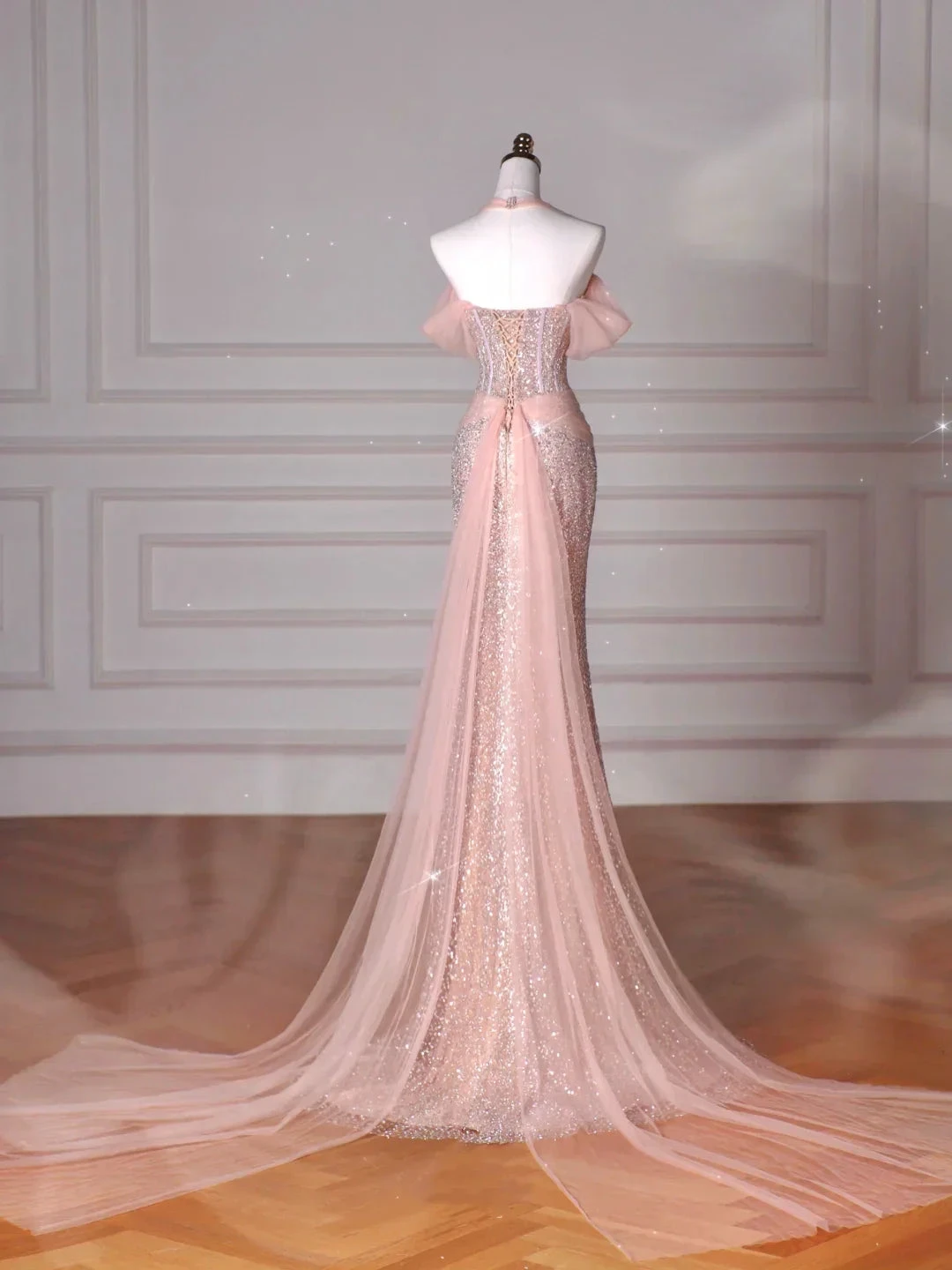 Classy Pink Halter Sequin Beaded Tulle Mermaid Evening Dress Long Prom Dress Y8620 by simplepromdress