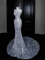 Sparkly Strapless Tulle Sequins Tassel Evening Dress,Slit Mermaid Prom Dress Wedding Dress Y8674 by simplepromdress