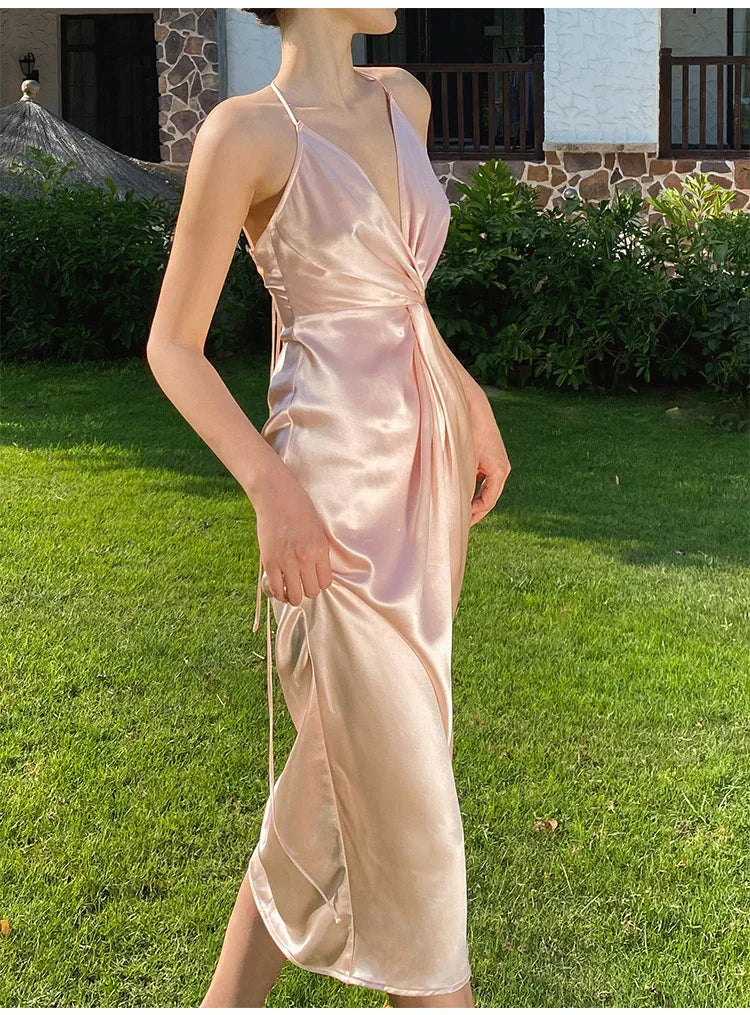 Sexy Halter V Neck Party Dress Champagne Gold Prom Evening Dress Y8211 by simplepromdress
