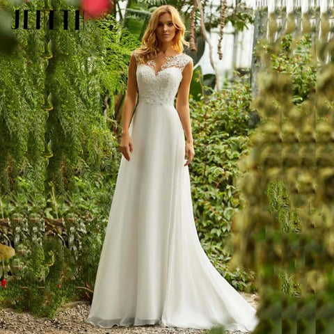 Strand Spitze Chiffon Brautkleid Charming O-Ausschnitt Applikationen Brautkleider A-Linie Rückenfrei Ärmellos Robe De Mariee 2024 