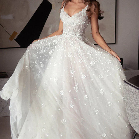 Bohemian V-Neck Wedding Dresses For Bride Spaghetti Straps A-Line Bridal Gowns Sexy Sleeveless Zipper Up Vestido De Noiva
