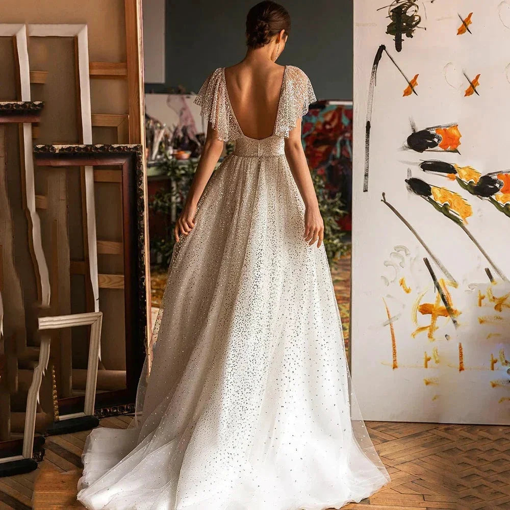 Elegant Glitter Sweetheart Wedding Dresses For Women A-Line Batwing Sleeves Bridal Gown Tulle Backless Robe De Mariée by payinti