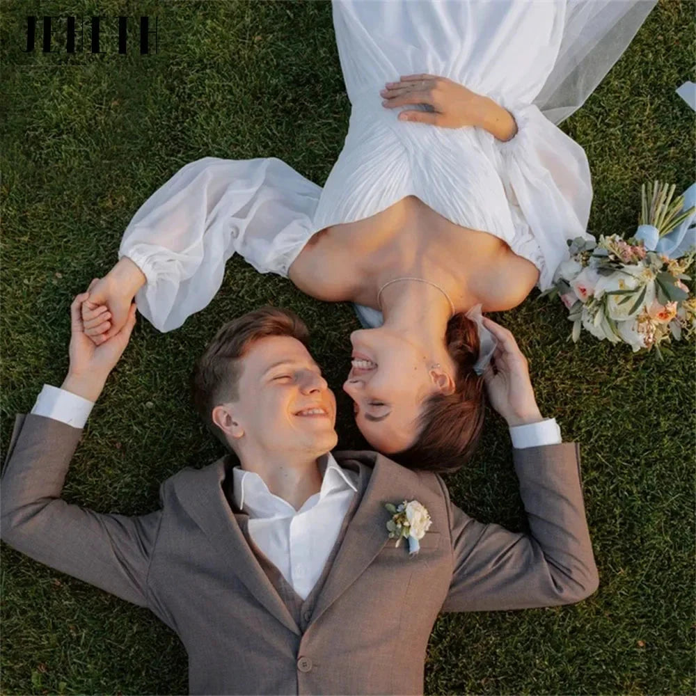 Off the Shoulder Chiffon Boho Wedding Dress 2022 V-Neck Long Lantern Sleeves A-Line Beach Bridal Gowns vestidos de novia by payinti