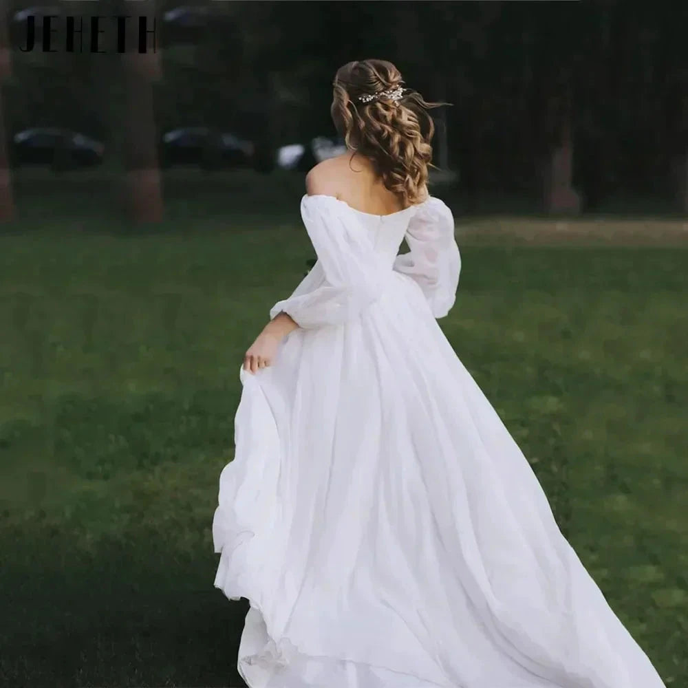 Off the Shoulder Chiffon Boho Wedding Dress 2022 V-Neck Long Lantern Sleeves A-Line Beach Bridal Gowns vestidos de novia by payinti
