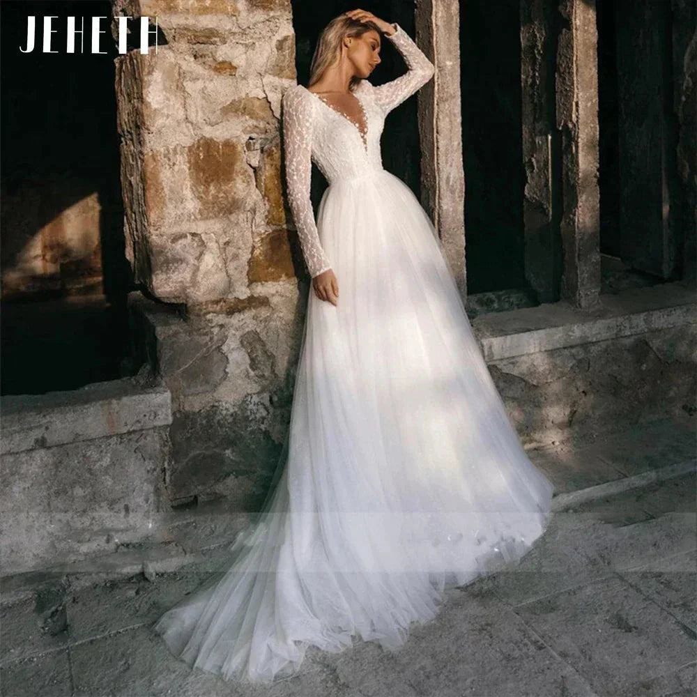 Sexy Long Sleeve Wedding Dress Beach Women Illusion Back Lace Appliques V-Neck A-Line Bridal Gown Tulle Vestidos De Novia by payinti