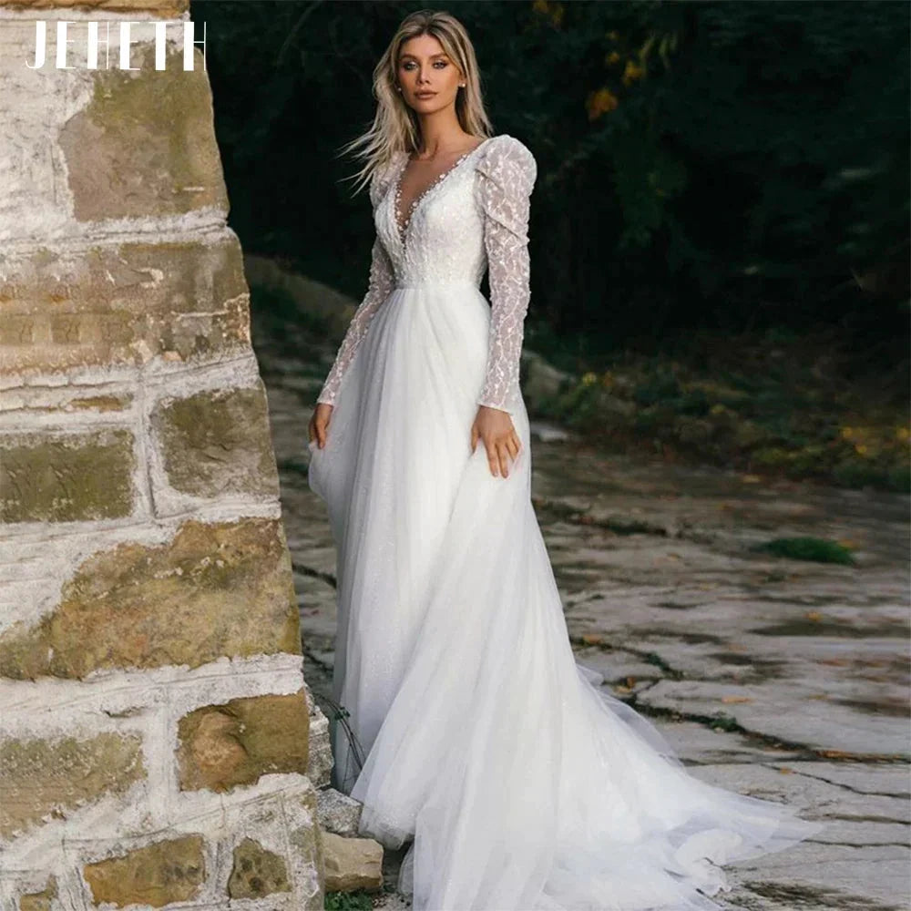 Sexy Long Sleeve Wedding Dress Beach Women Illusion Back Lace Appliques V-Neck A-Line Bridal Gown Tulle Vestidos De Novia by payinti