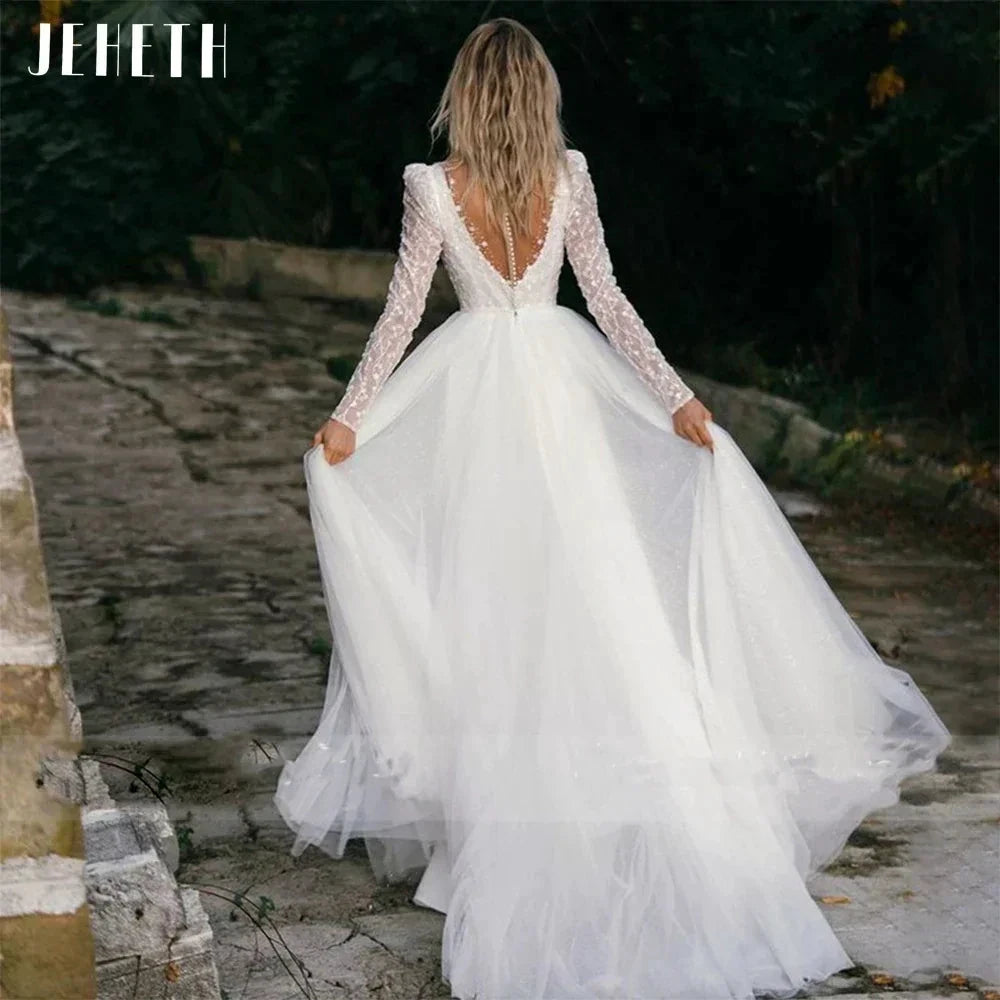 Sexy Long Sleeve Wedding Dress Beach Women Illusion Back Lace Appliques V-Neck A-Line Bridal Gown Tulle Vestidos De Novia by payinti