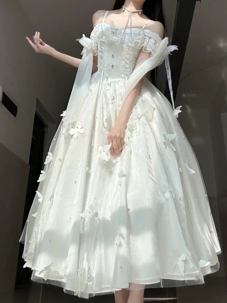 Elegant White Spaghetti Straps Tulle Lace Butterfly Appliques Prom Dress Evening Dress Y8394 by simplepromdress