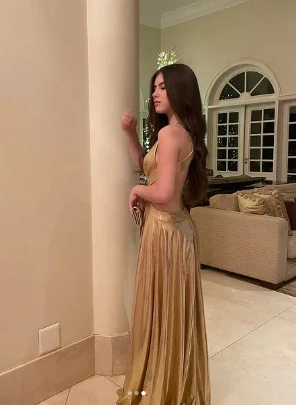 Fashion Gold Deep V Neck Long A Line Prom Evening Dress Y7943 by simplepromdress