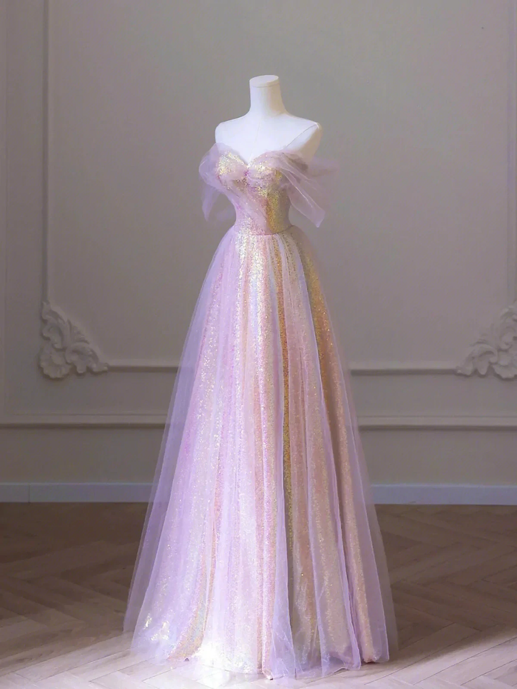 Shiny Tulle Sequins Long Prom Dress, A-Line Off the Shoulder Evening Dress Y1416 by simplepromdress