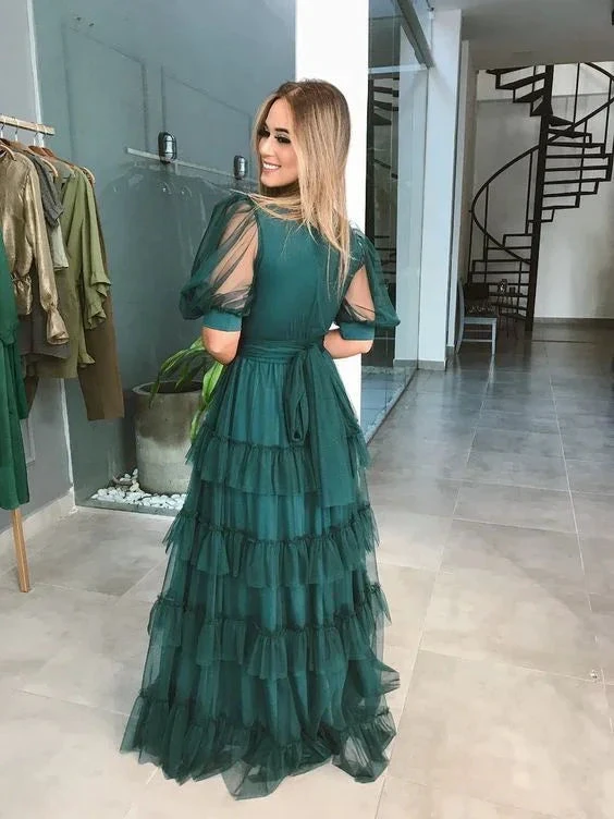 Green A-line V Neck Tulle Multi-layered Prom Dress Green Evening Dress Y6218 by simplepromdress