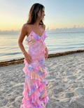 Romantic Spaghetti Straps V Neck Chiffon Print Prom Dress,Charming Evening Dress Y2306 by simplepromdress