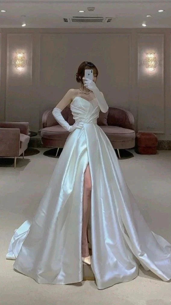 Modest White Satin Wedding Dress,White Bridal Dress Y4059 by simplepromdress