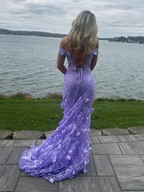 Pretty Off the Shoulder Mermaid Lilac Lace Floral Long Prom Dresses, High Slit Graduation Evening Dresses Y7848 by simplepromdress