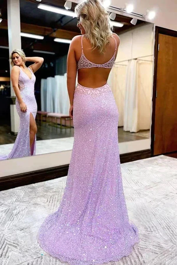 New Style V Neck Sleeveless Long Prom Dress Sparkly Sequined Evening Dress with Slit Y1004 by simplepromdress