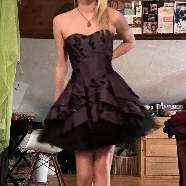 Vintage Strapless Satin Tulle Tiered Short Prom Dress Homecoming Dress Y8106 by simplepromdress