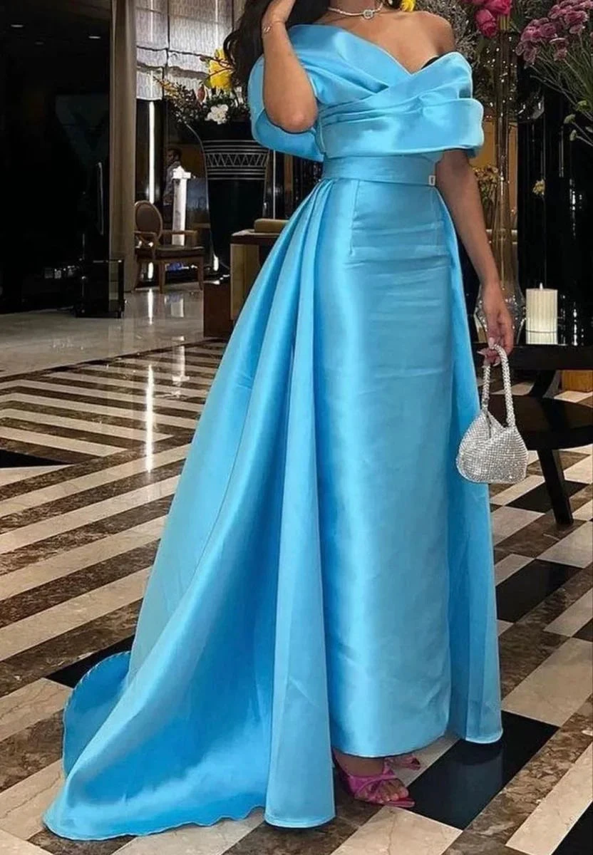 Off The Shoulder Blue Satin Evening Dress Y4026 by simplepromdress
