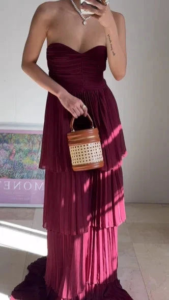 Burgundy Strapless Chiffon Pleated Tiered Long Evening Dress A Line Prom Dress Y8503 by simplepromdress