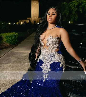 Royal Blue Sequins Mermaid Evening Dress With Sheer Neck Plus Size Formal Evening Occasion Gowns Y6358 by simplepromdress