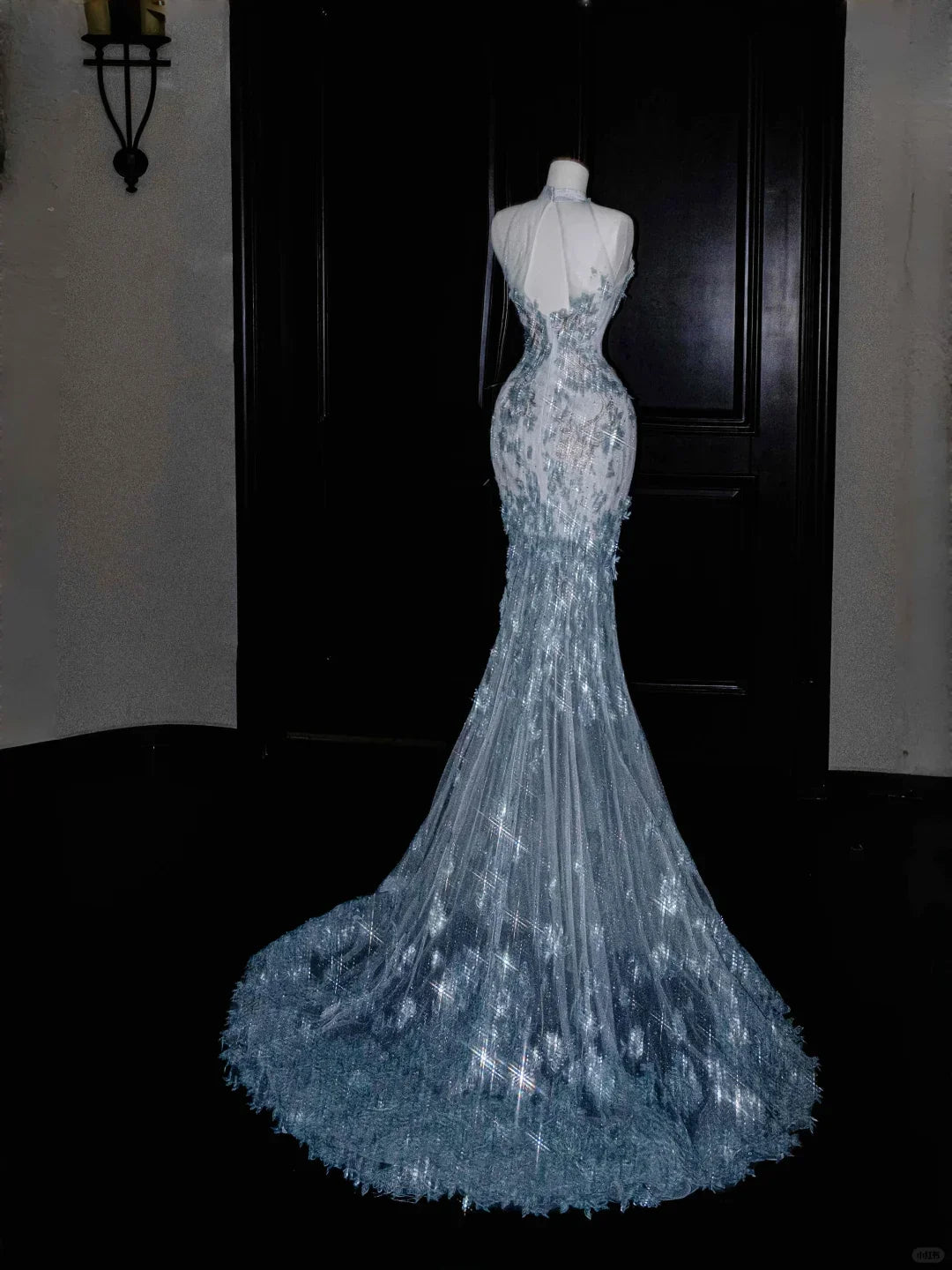 Dream Blue Tulle Sequins Appliques Mermaid Evening Dress Long Prom Dress Y8673