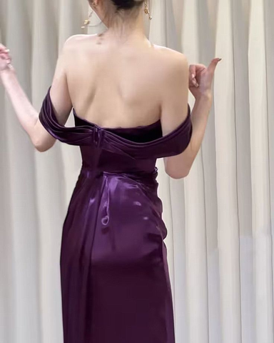 Purple Satin Off Shoulder Long Evening Dress Satin Prom Dress Y7440