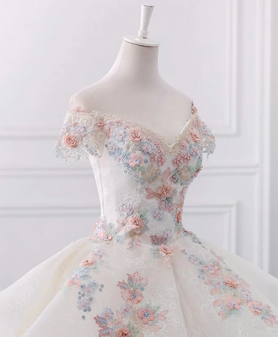 Atemberaubendes schulterfreies Ballkleid mit Blumenmuster und Spitze, Brautkleid Y1145