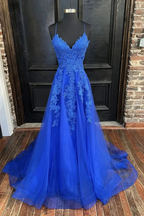 A Line V Neck Blue Tulle Lace Long Prom Dresses, V Neck Blue Formal Dresses, Blue Lace Evening Dresses Y1268 by simplepromdress