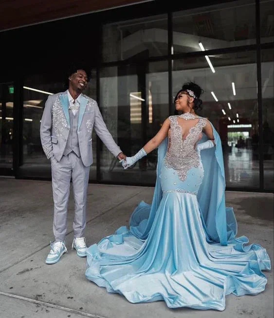 Sky Blue Velvet Silver Crystal Evening Dress Luxurious Evening Gown Y5764 by simplepromdress