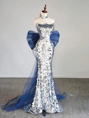 Vestido de noche largo estilo sirena con lentejuelas plateadas y lazo Y7746