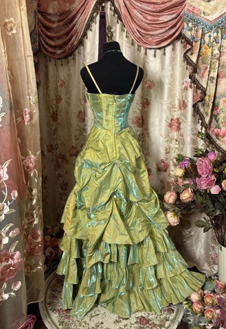 Vintage Sage Green A-Line Spaghetti Strap Satin Long Prom Dress Beaded Evening Dress Y8517