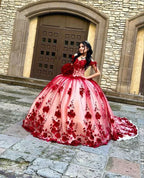 Nach Maß 3D Blume Rot Spitze Quinceanera Kleider Weg Von der Schulter Ballkleid Y6956