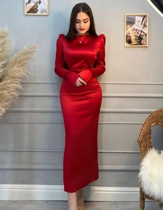 Red Elegant Long Sleeves Evening Dress Red Prom Dress Y6933 Main Image