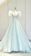 A-Line Puff Sleeves Blue Long Prom Dress, Tulle Formal Evening Dress Y2932 by simplepromdress