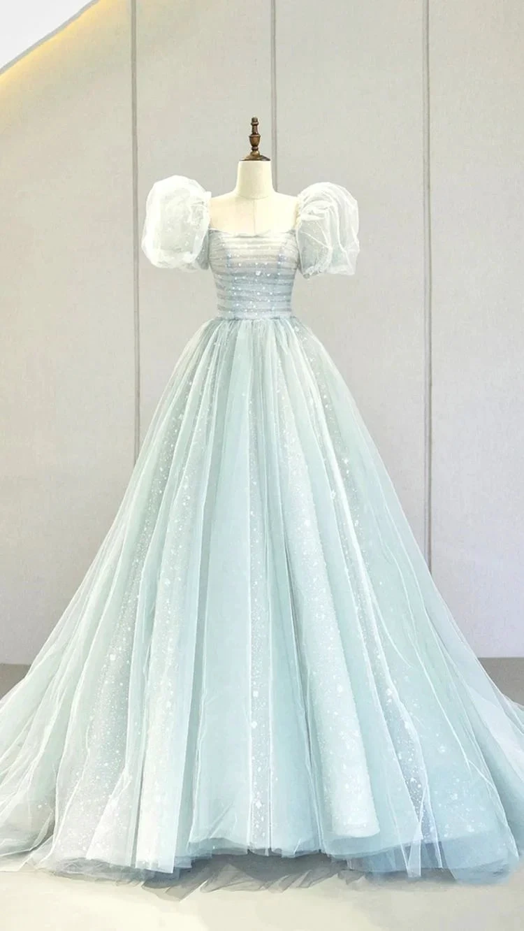 A-Line Puff Sleeves Blue Long Prom Dress, Tulle Formal Evening Dress Y2932 by simplepromdress