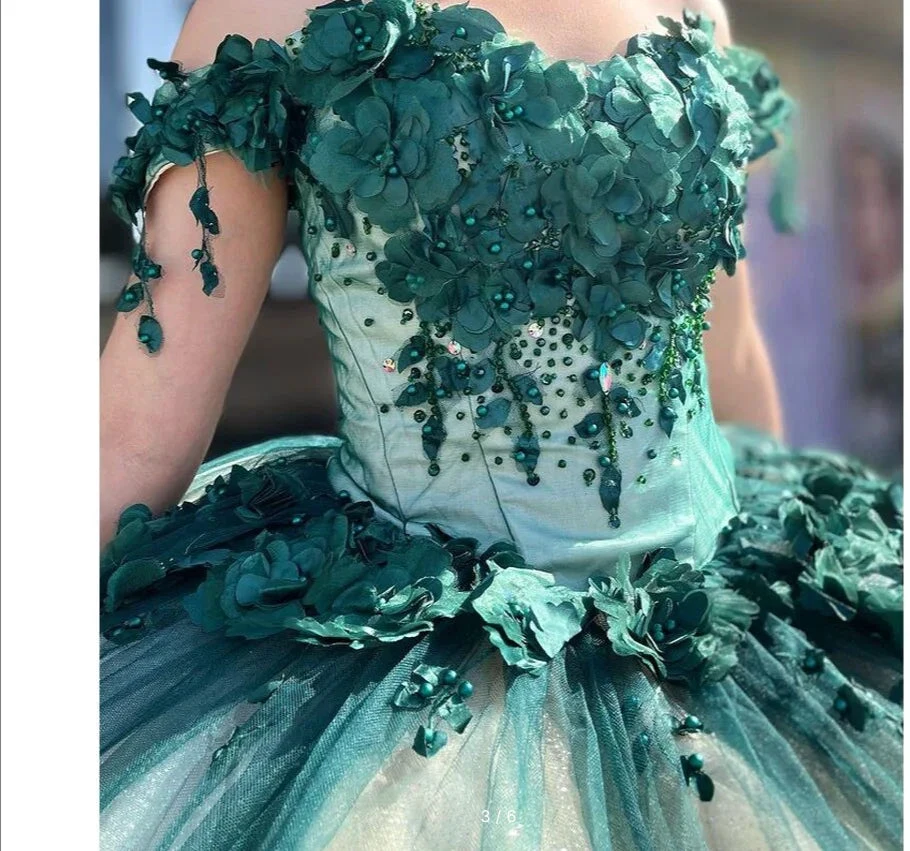 Green Ball Gown Quinceanera Dresses Off Shoulder 3d Flowers Beads Applique Sweet 15 16 Party Prom Dress Y292 by simplepromdress