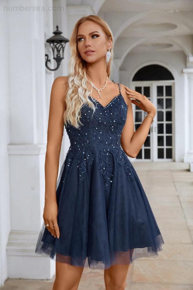 Ladies V Neck Sequins Embroidered Spaghetti Straps Super Short Bridesmaid Evening Dress Wedding Party Beach Evening Dress 28102 by numbersea