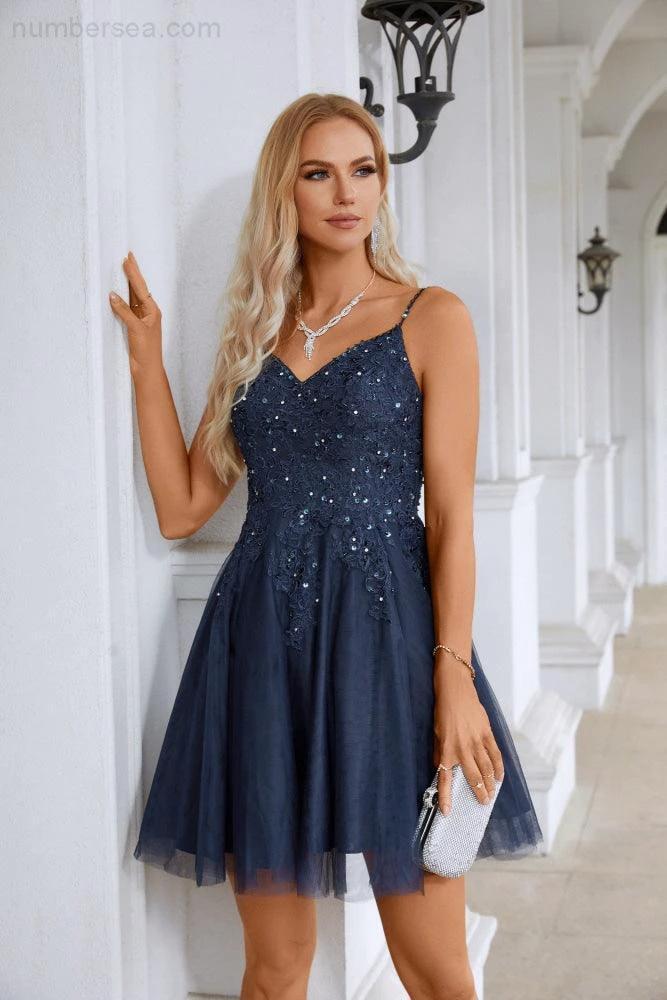 Ladies V Neck Sequins Embroidered Spaghetti Straps Super Short Bridesmaid Evening Dress Wedding Party Beach Evening Dress 28102 by numbersea