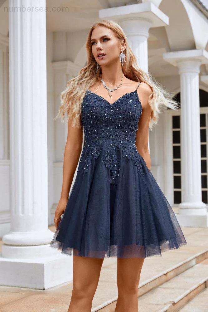 Ladies V Neck Sequins Embroidered Spaghetti Straps Super Short Bridesmaid Evening Dress Wedding Party Beach Evening Dress 28102 by numbersea
